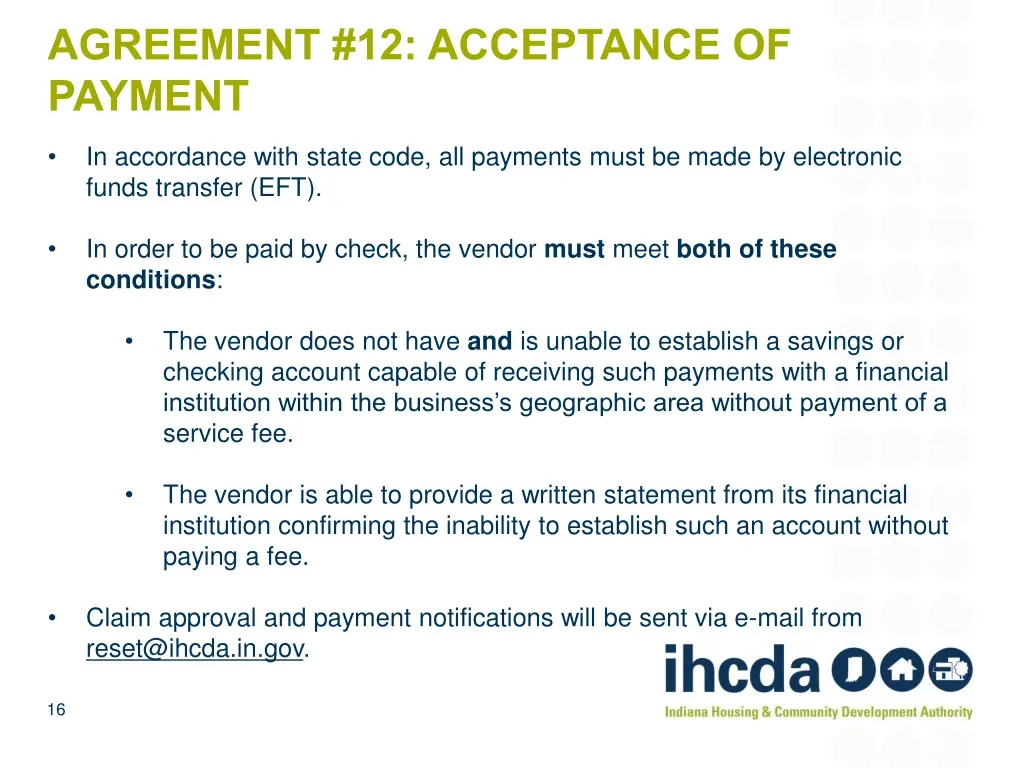 agreement 12 acceptance of payment