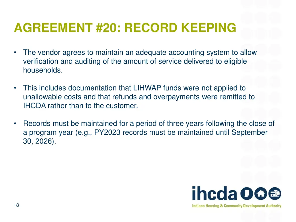 agreement 20 record keeping