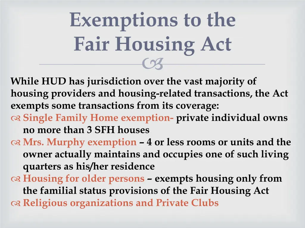 exemptions to the fair housing act