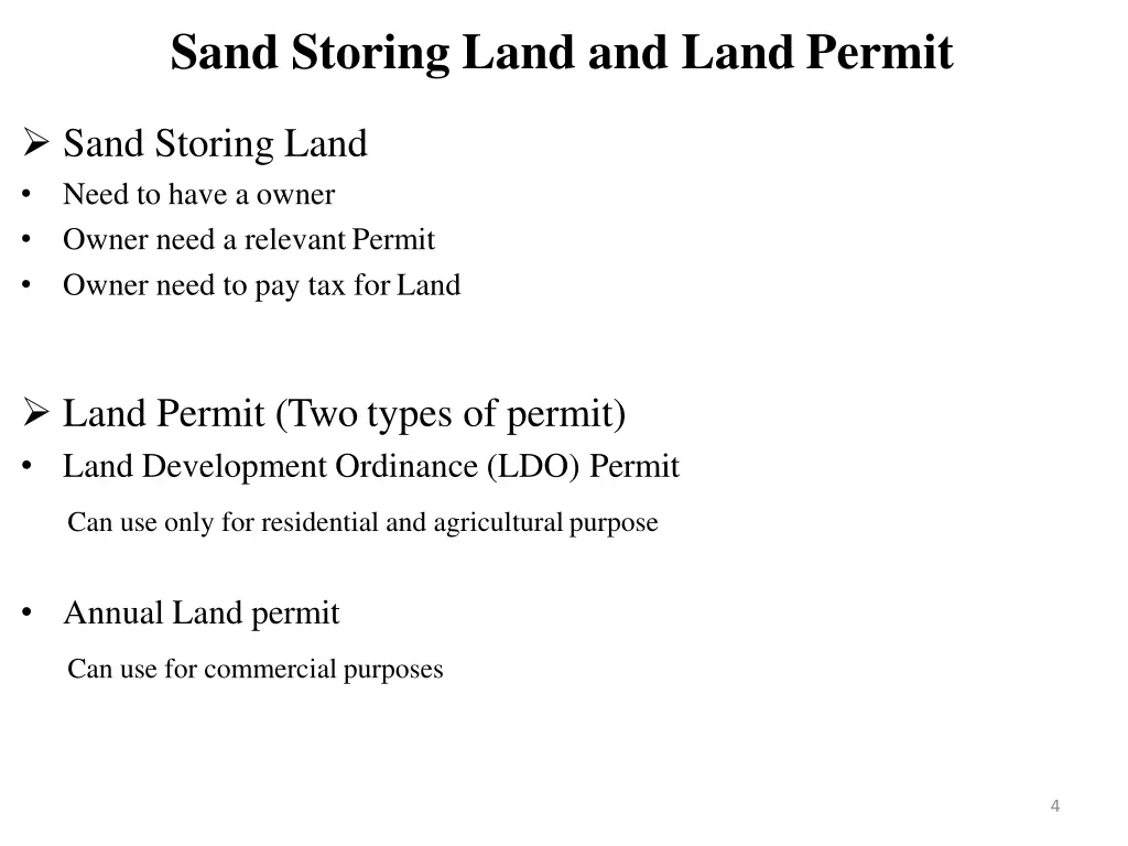 sand storing land and land permit