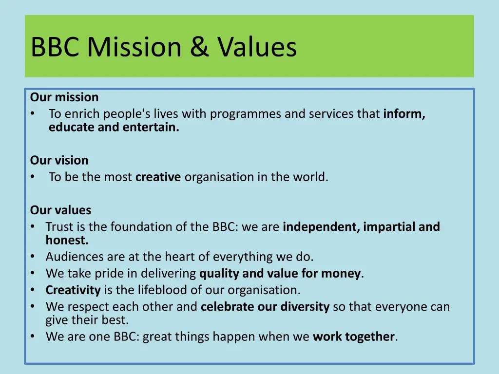 bbc mission values