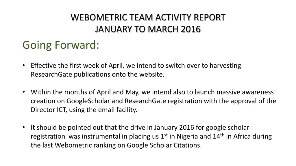 webometric team activity report january to march 1