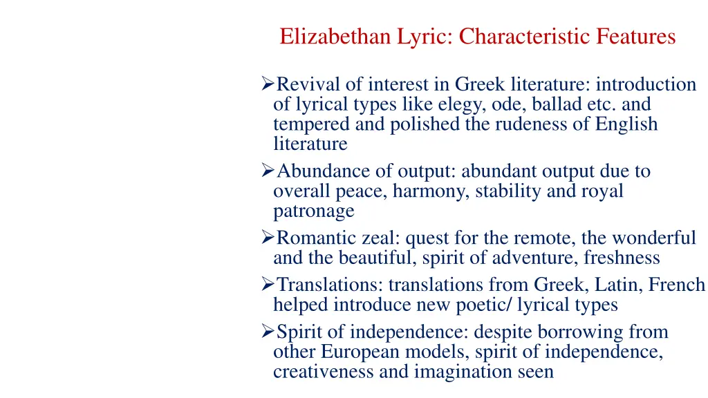 elizabethan lyric characteristic features