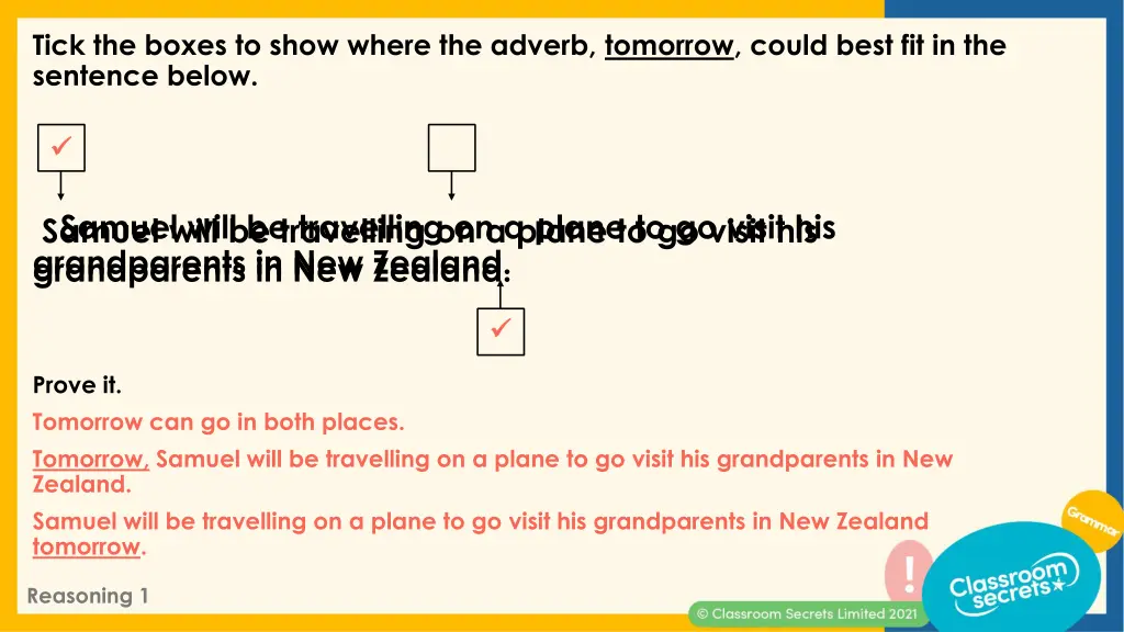 tick the boxes to show where the adverb tomorrow 2