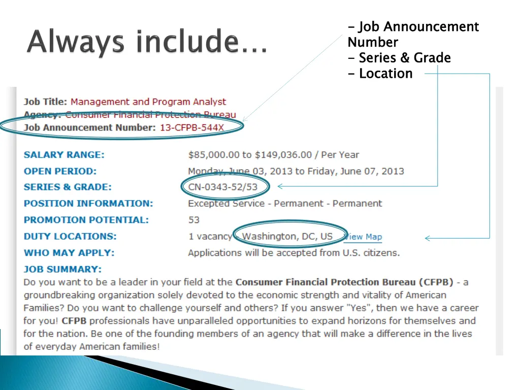 job announcement number series grade location