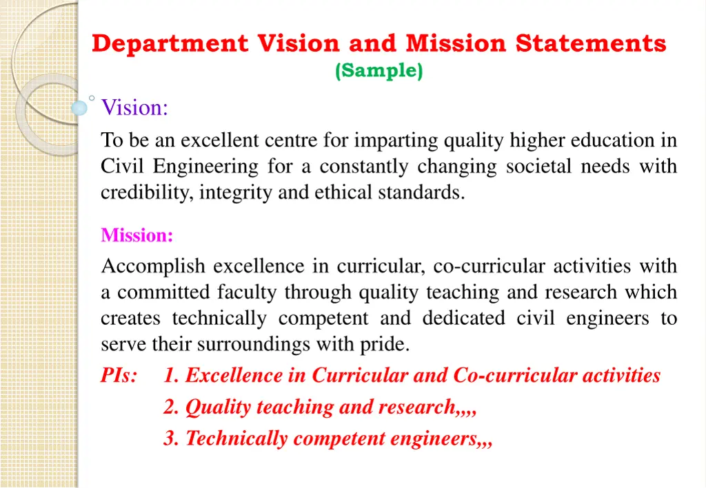 department vision and mission statements sample