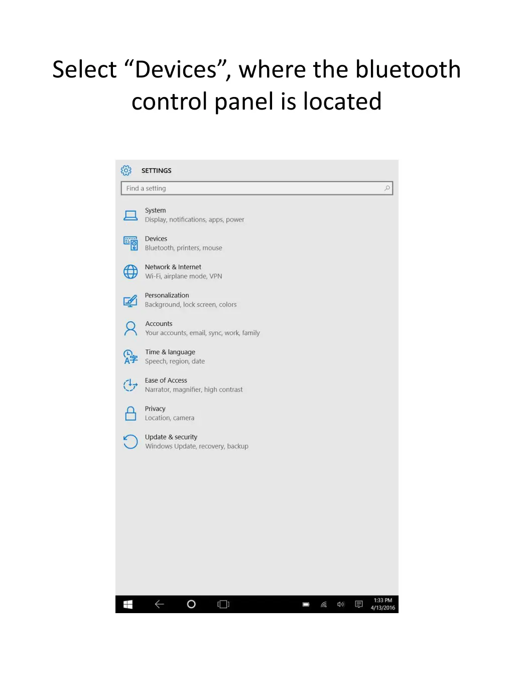 select devices where the bluetooth control panel