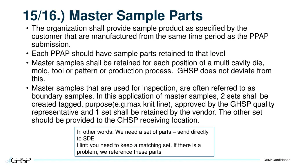 15 16 master sample parts the organization shall