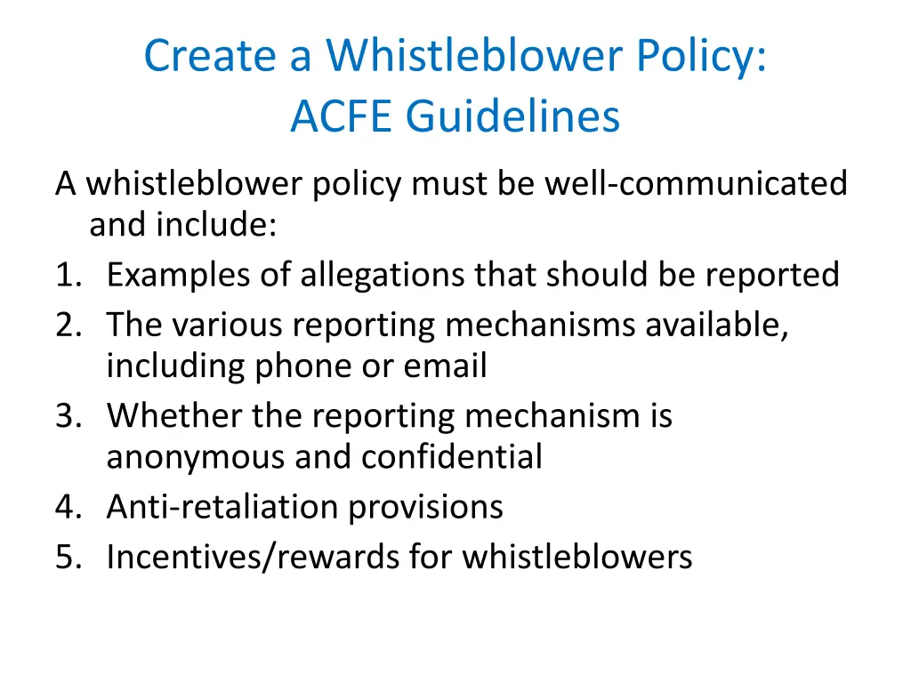 create a whistleblower policy acfe guidelines