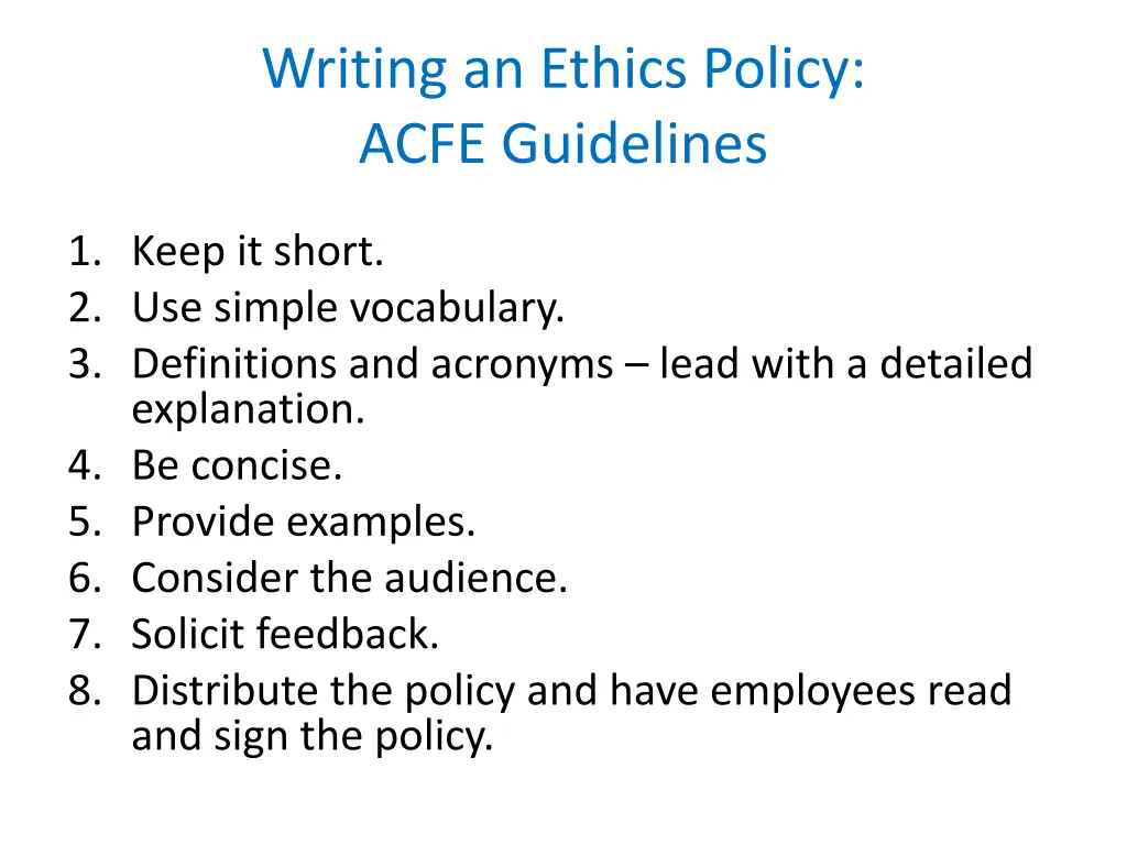 writing an ethics policy acfe guidelines