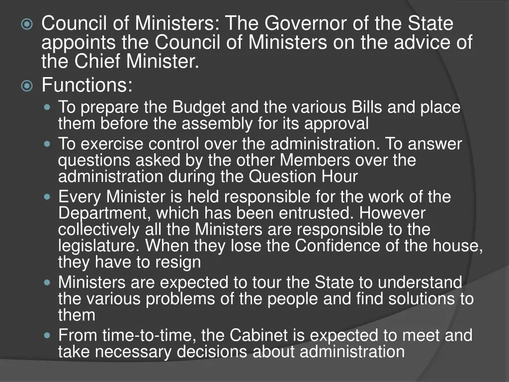 council of ministers the governor of the state