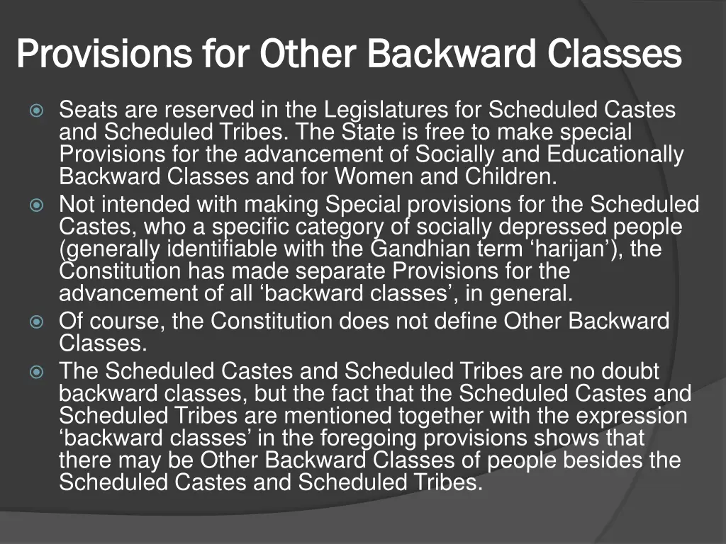 provisions for other backward classes provisions