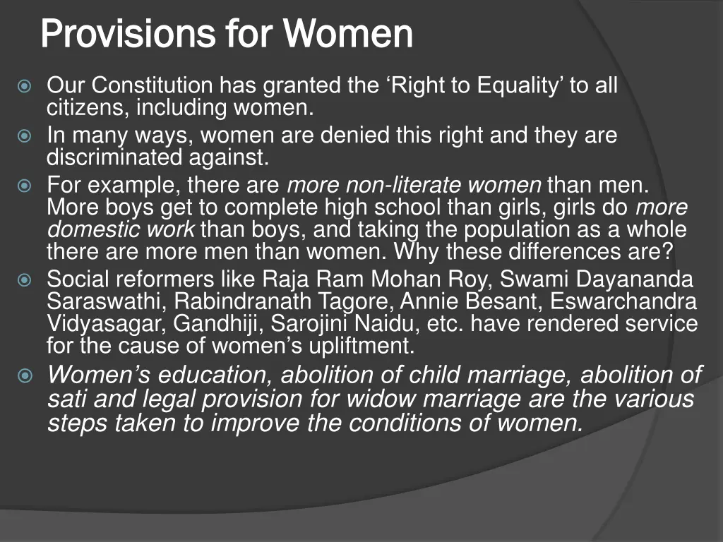 provisions for women provisions for women