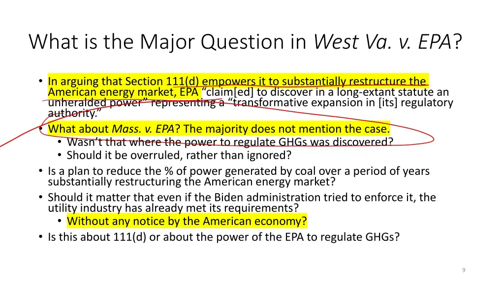 what is the major question in west va v epa