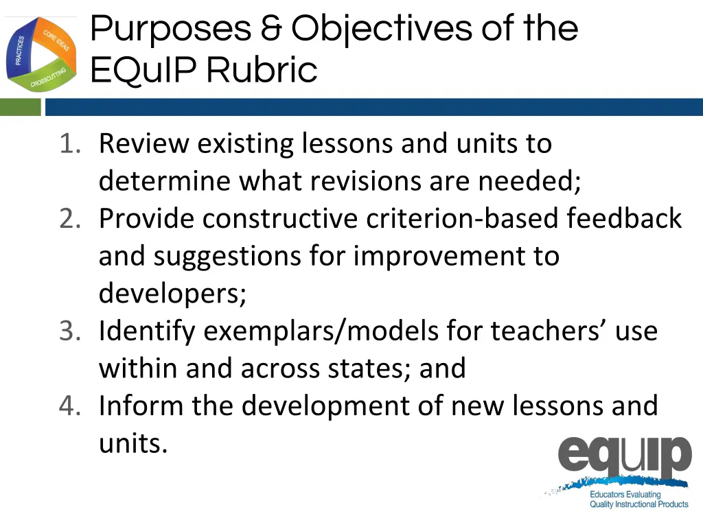 purposes objectives of the equip rubric