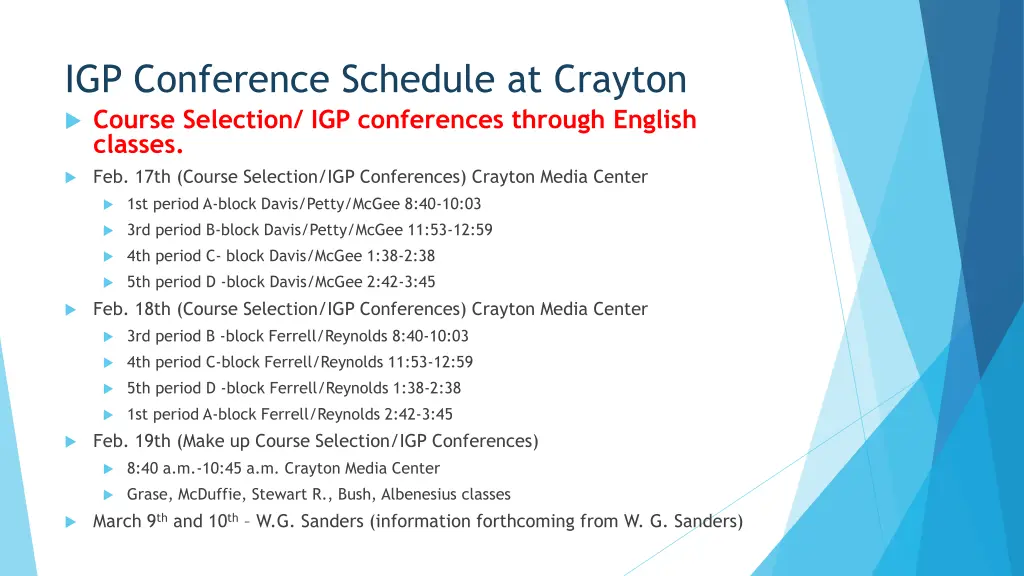 igp conference schedule at crayton course