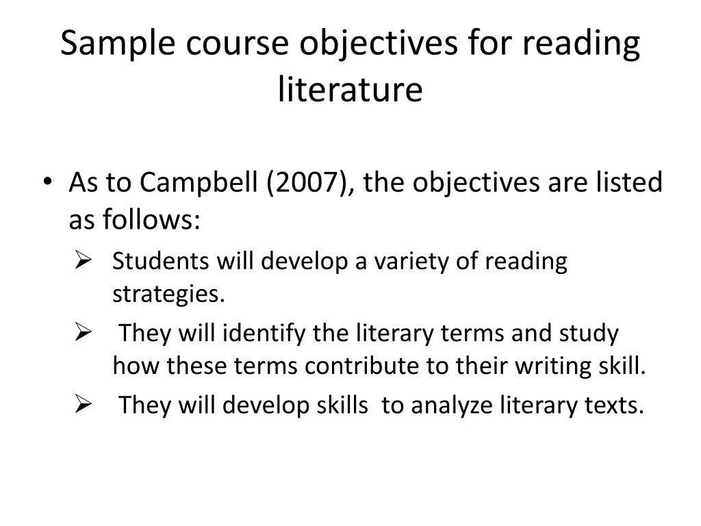 sample course objectives for reading literature