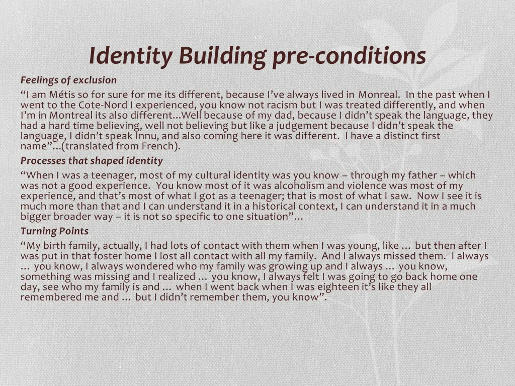 identity building pre conditions feelings