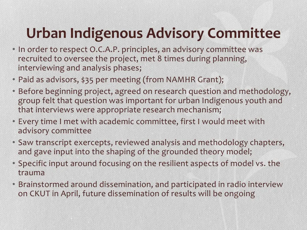 urban indigenous advisory committee in order