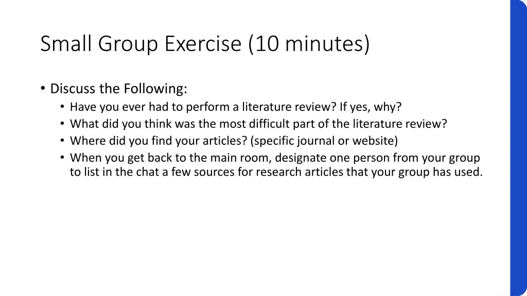 small group exercise 10 minutes