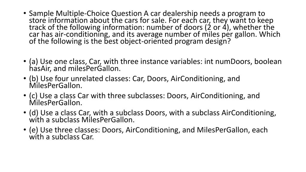 sample multiple choice question a car dealership