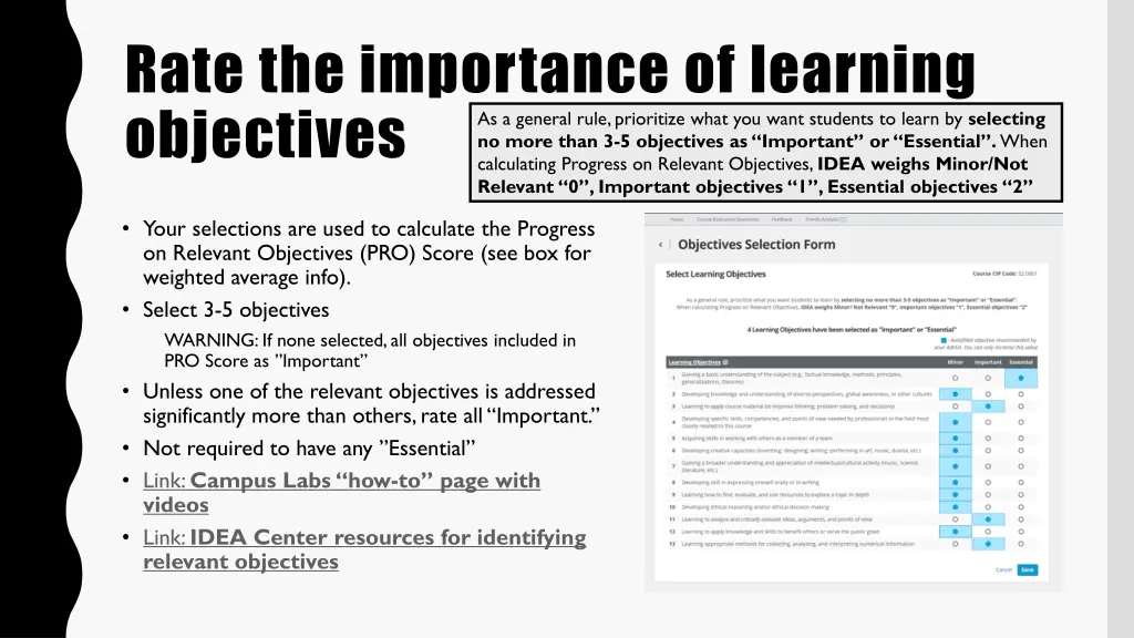 rate the importance of learning objectives