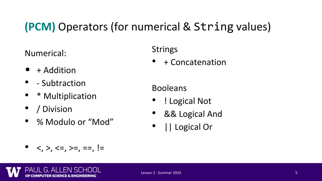 pcm operators for numerical string values