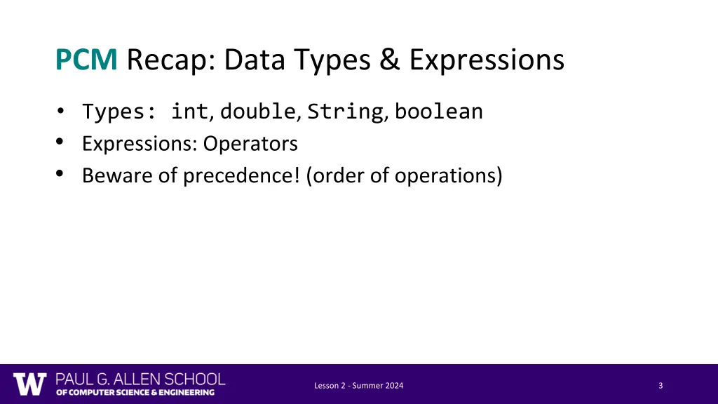 pcm recap data types expressions