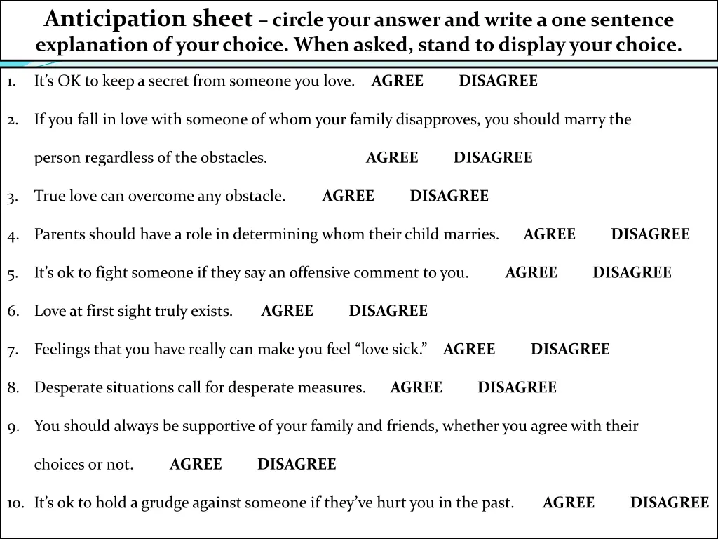 anticipation sheet circle your answer and write