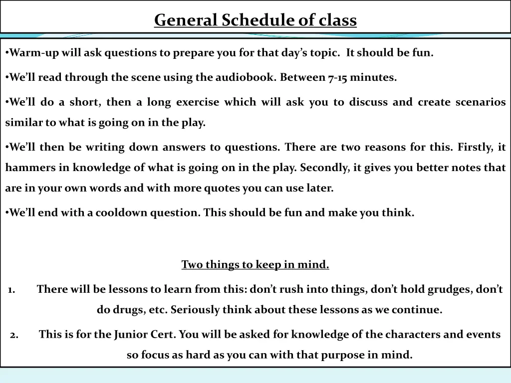 general schedule of class