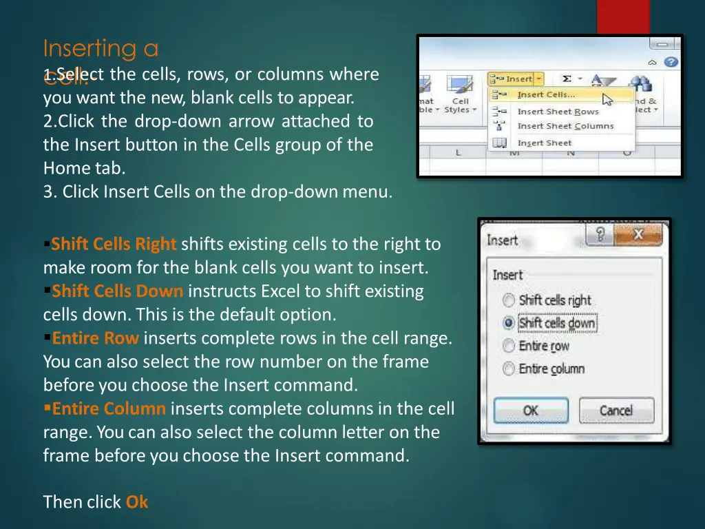 inserting a cell 1 select the cells rows