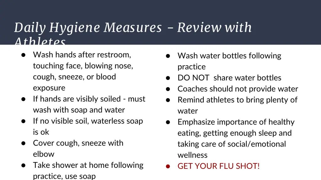 daily hygiene measures review with athletes wash