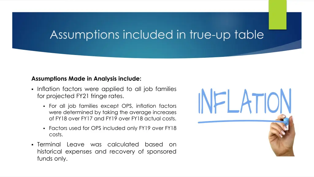 assumptions included in true up table