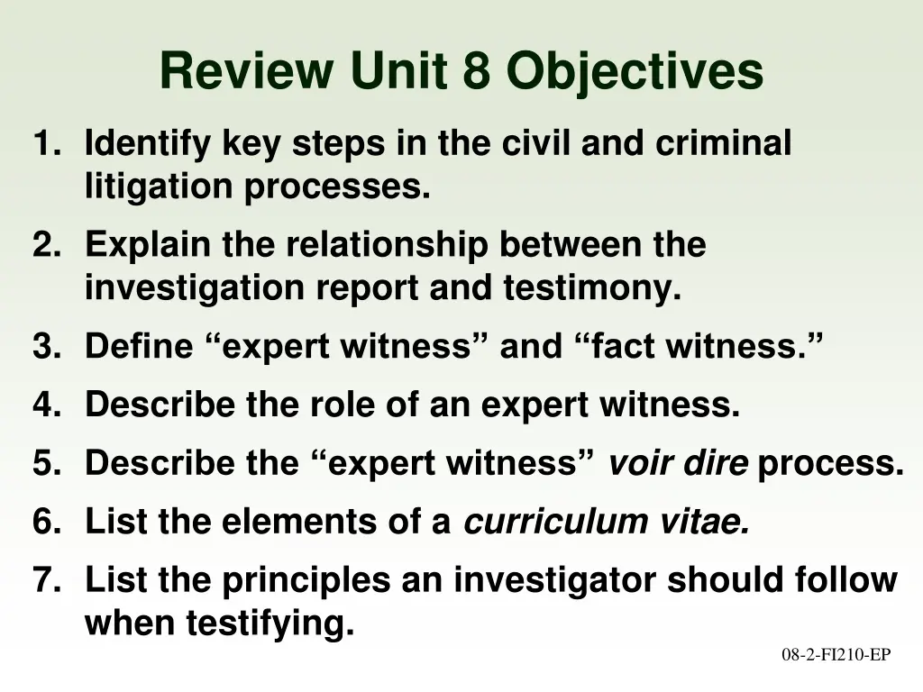 review unit 8 objectives