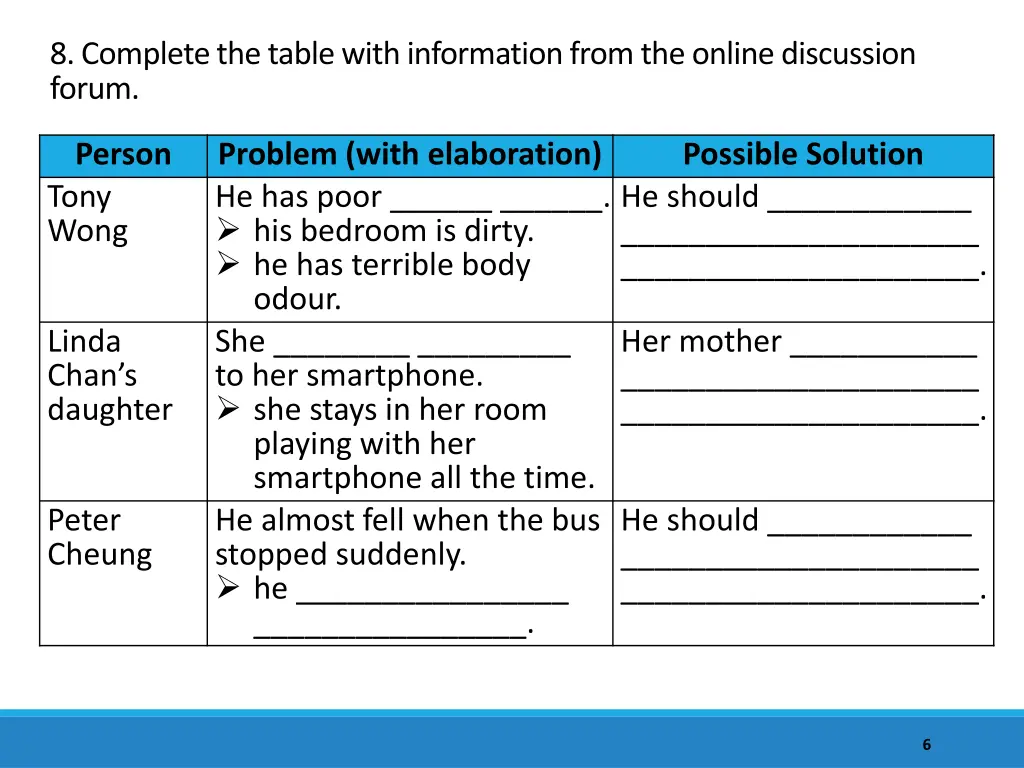 8 complete the table with information from