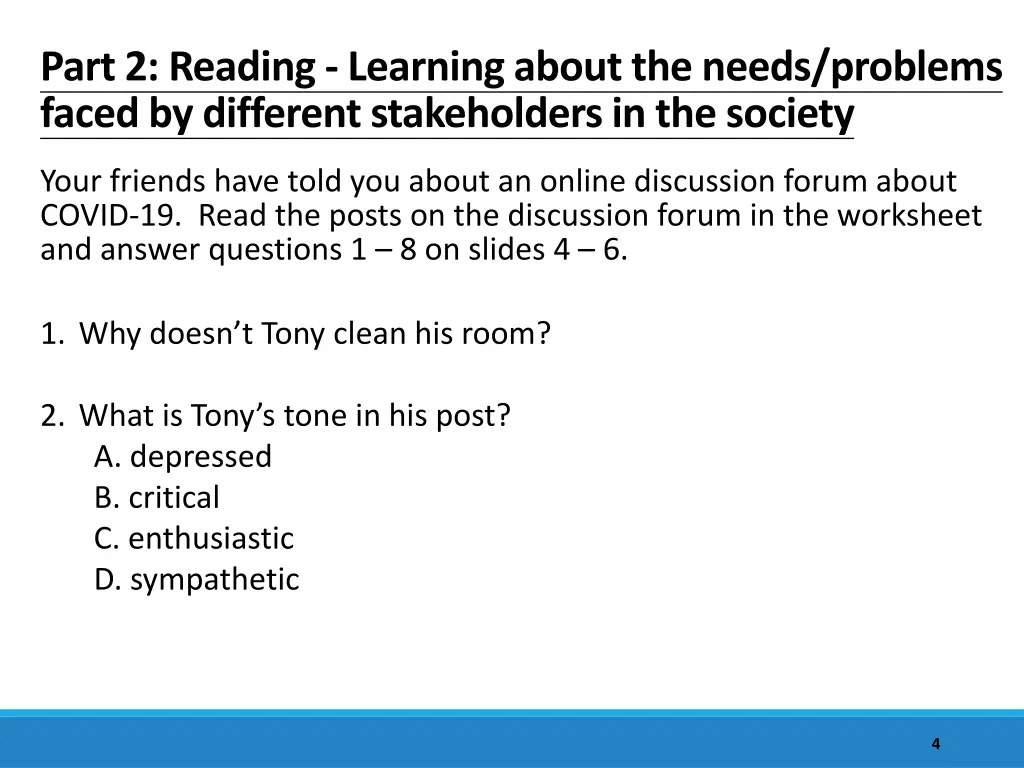 part 2 reading learning about the needs problems