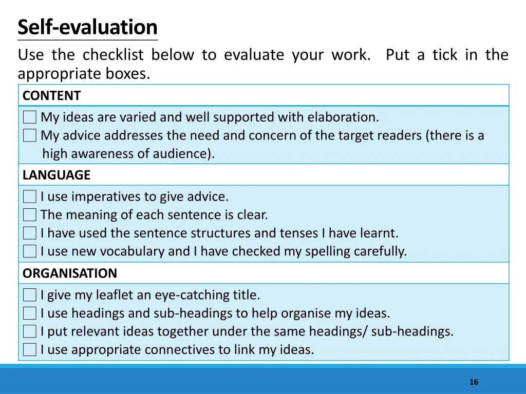 self evaluation use the checklist below