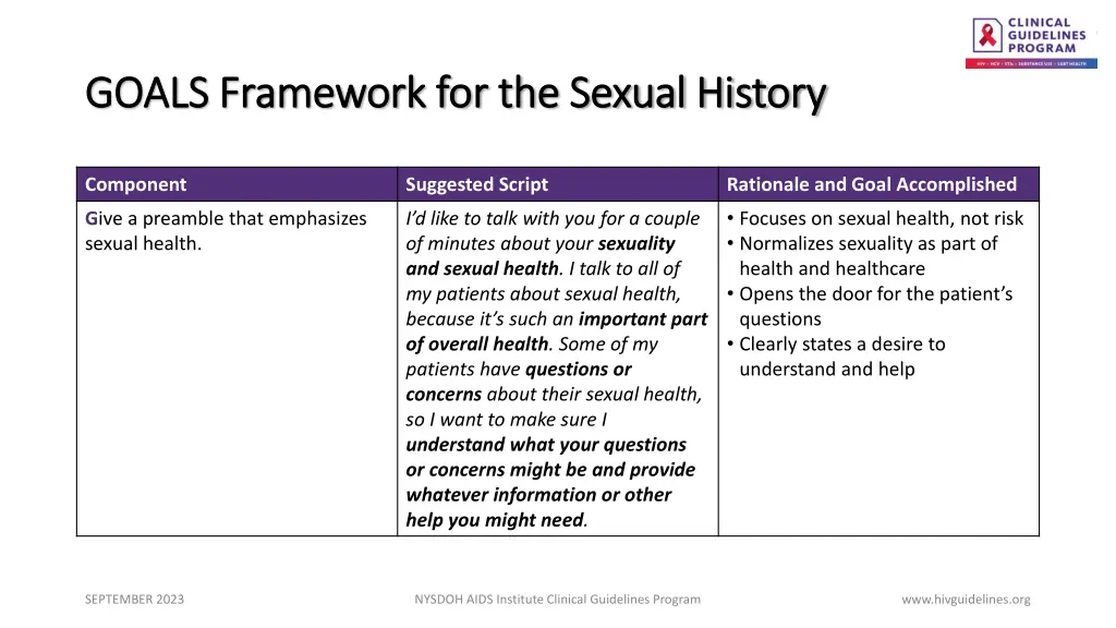 goals framework for the sexual history goals