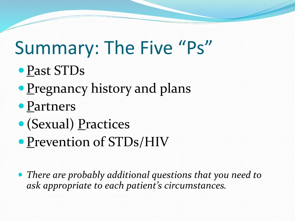 summary the five ps past stds pregnancy history