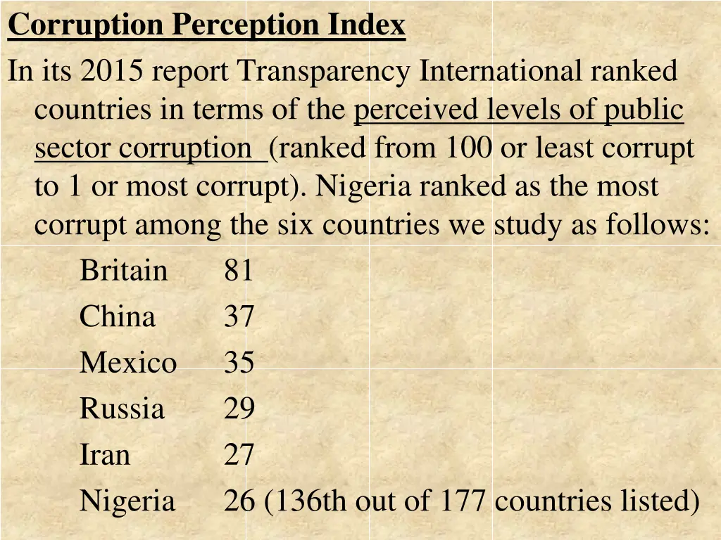 corruption perception index in its 2015 report