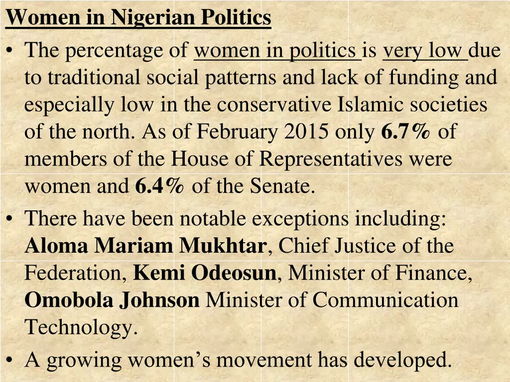 women in nigerian politics the percentage