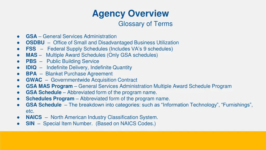 agency overview glossary of terms