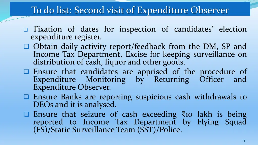 to do list second visit of expenditure observer