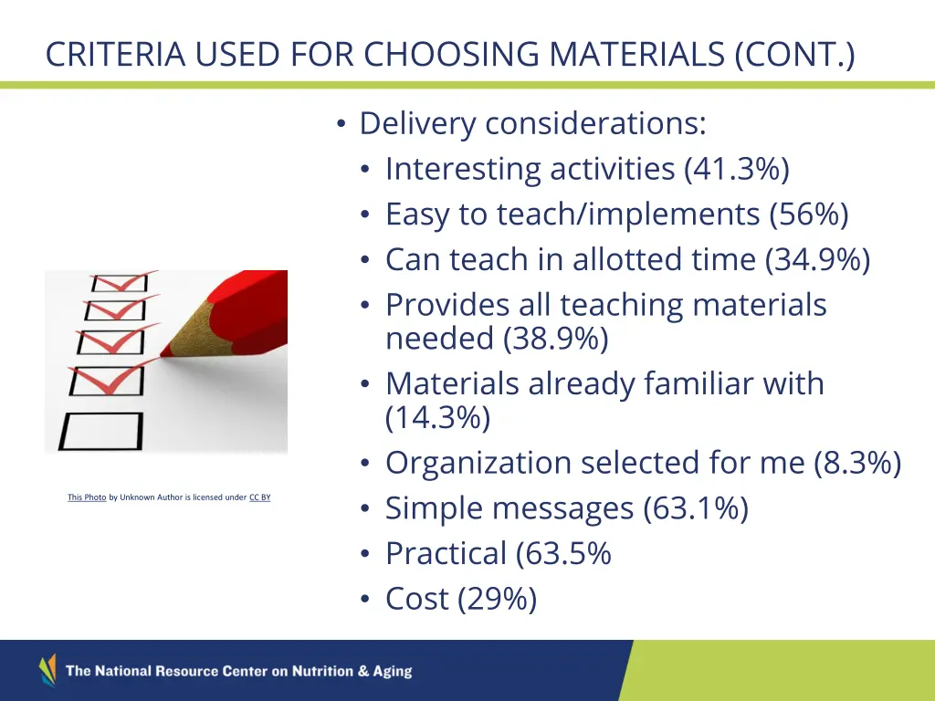 criteria used for choosing materials cont