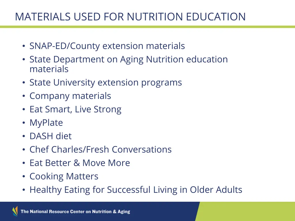 materials used for nutrition education