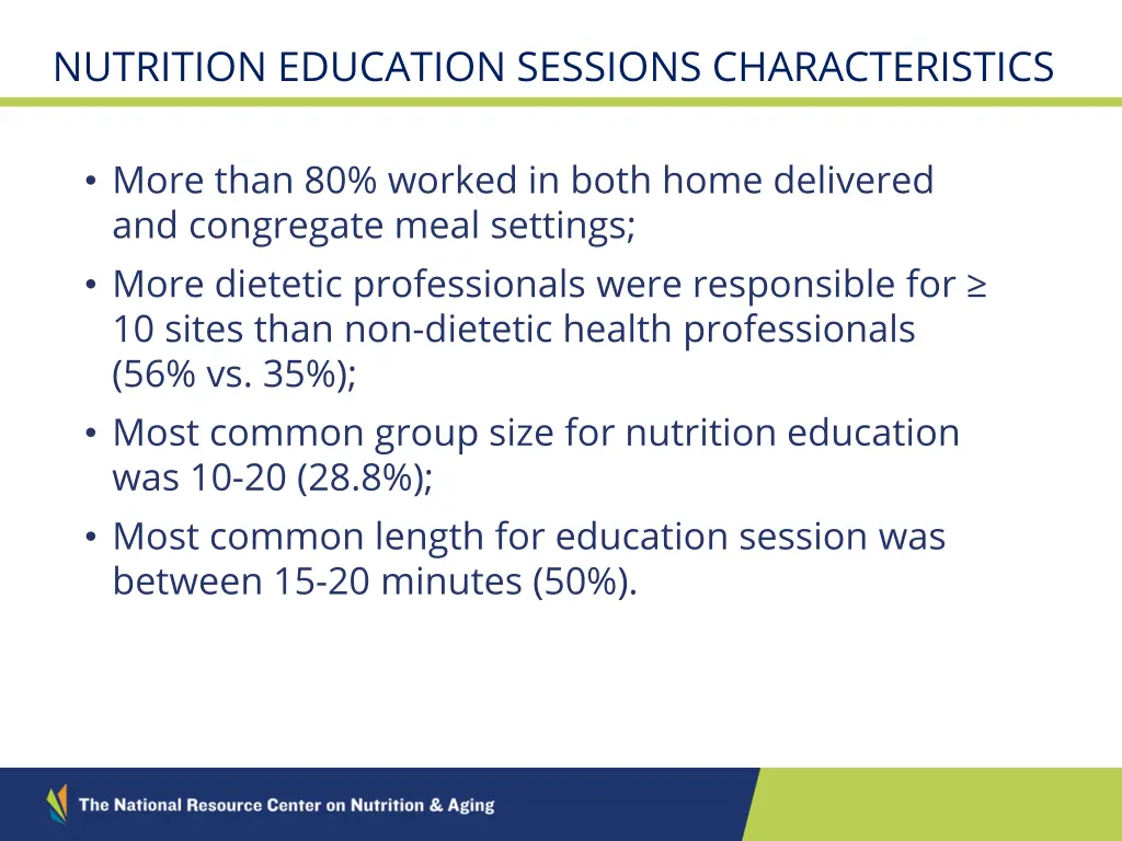 nutrition education sessions characteristics