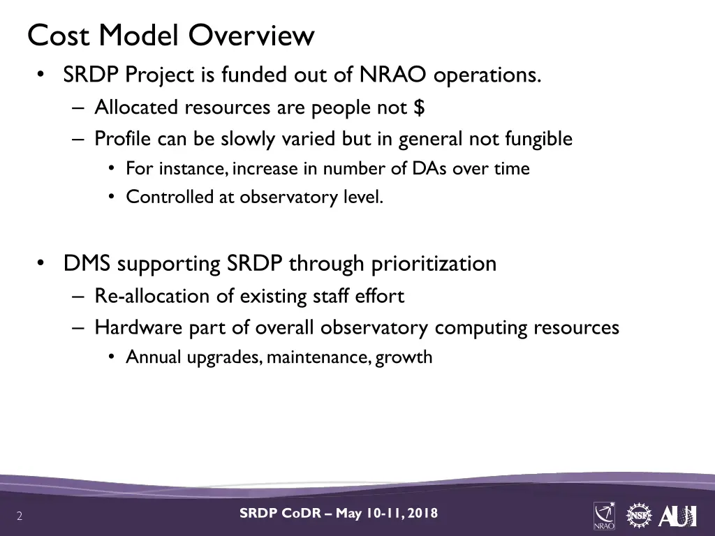 cost model overview srdp project is funded