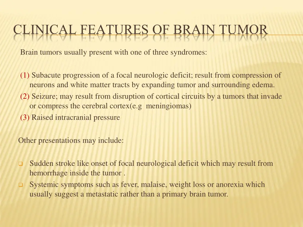 clinical features of brain tumor