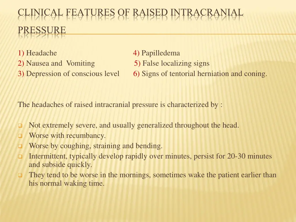 clinical features of raised intracranial pressure