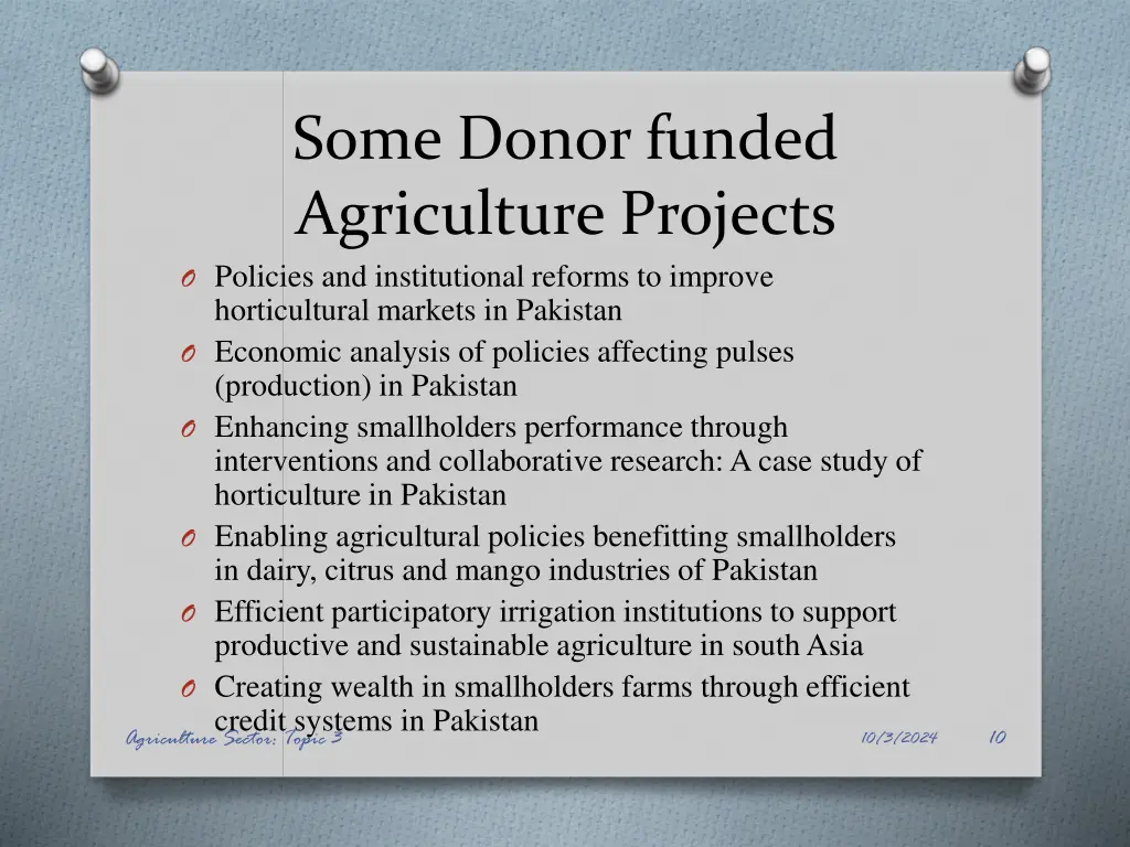 some donor funded agriculture projects o policies